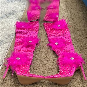 Azalea Wang Pink Feathered Heel Boots